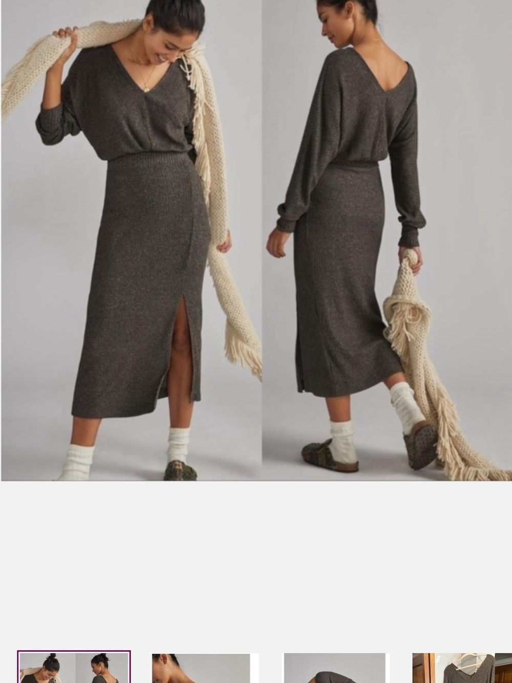 Anthropologie Ribbed Midi Skirt in Dark Heather Gray with Front Slit